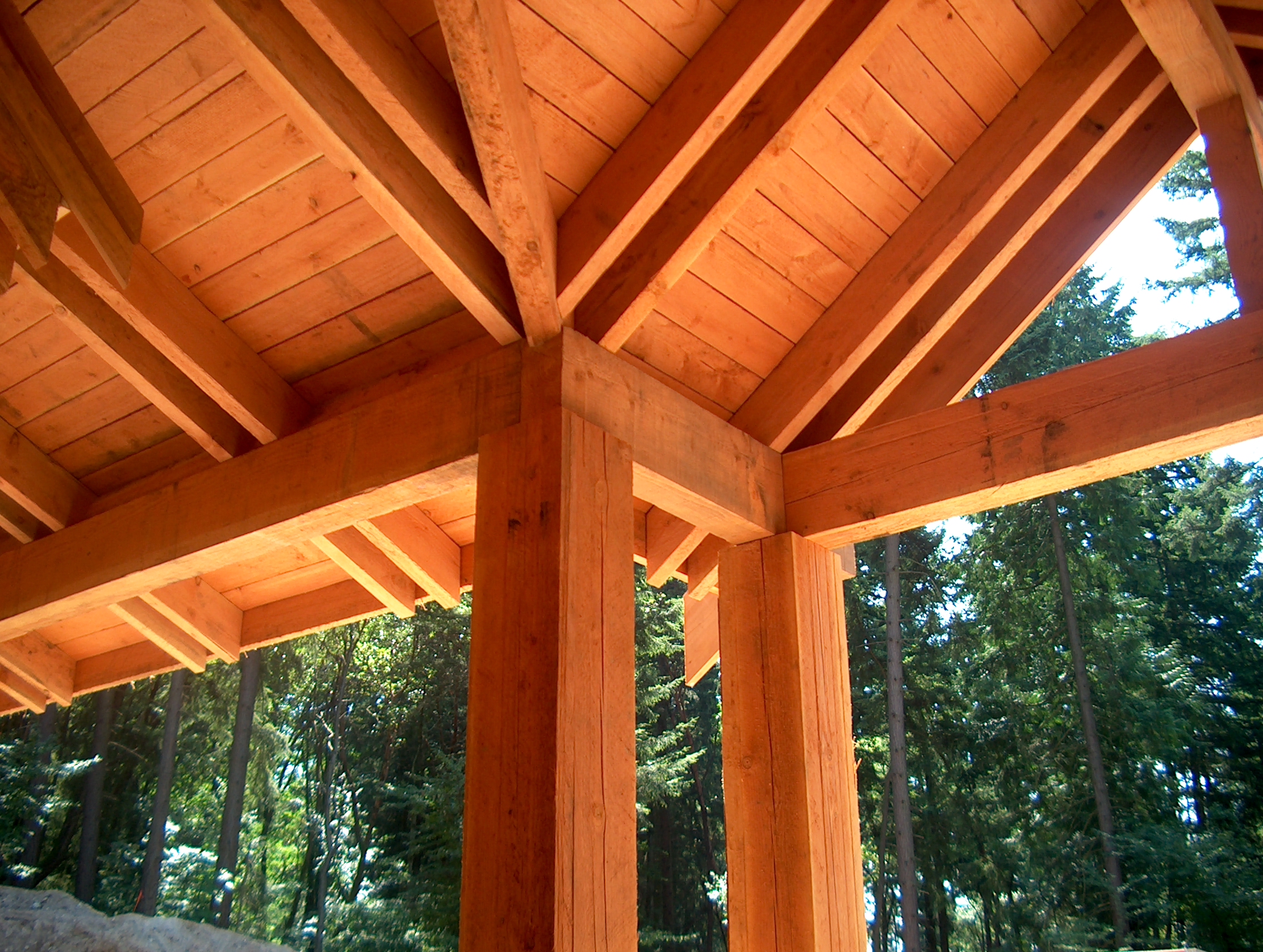 View from beneath a wooden roof structure, showing large beams and joints, with sunlight filtering through. Trees and greenery are visible outside, suggesting the structure is in a forested area.