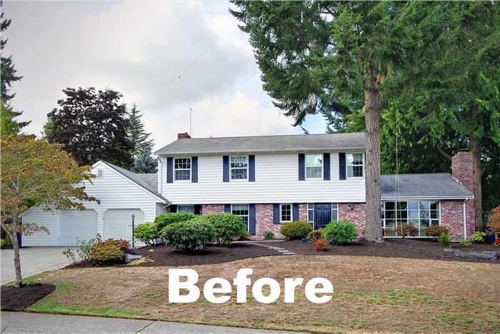 A two-story suburban house with white siding and brick accents, surrounded by trees and shrubs, with a large patch of brown grass in the front yard. The word Before is written at the bottom.