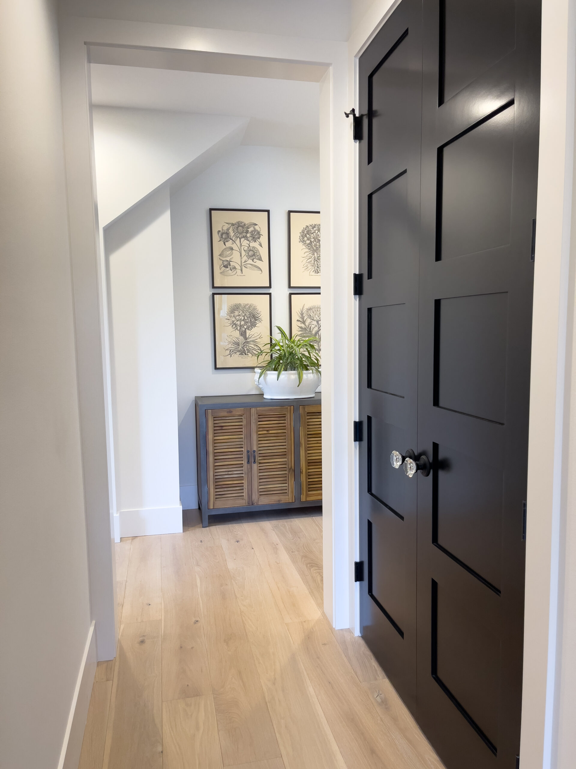 A hallway with light wood floors, white walls, and a dark paneled door leads to a room with a wooden console table, a potted plant, and four framed botanical prints on the wall.