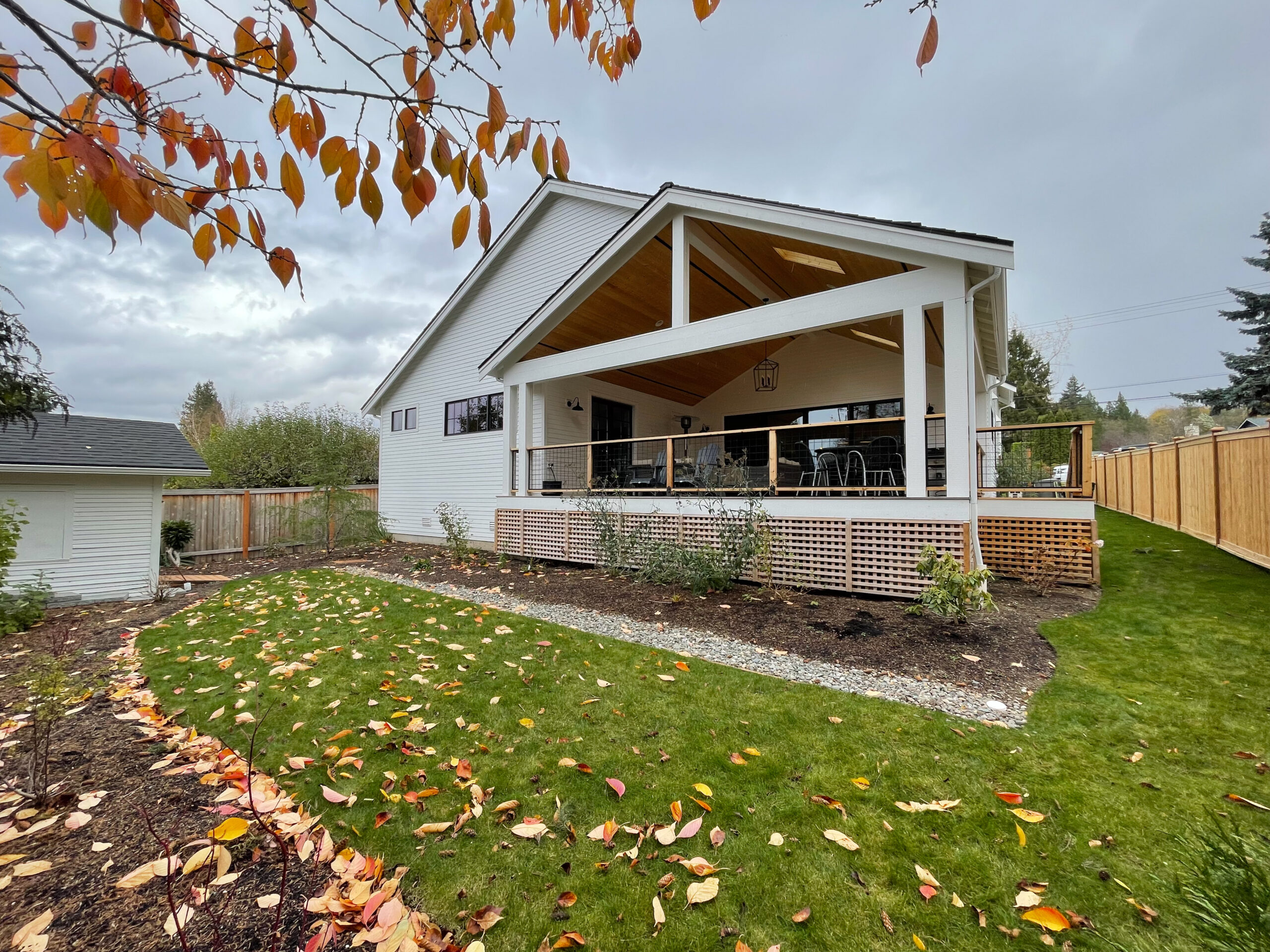 A modern white house with a covered wooden patio in a fenced backyard. Green grass, flower beds, and autumn leaves are scattered on the ground. The sky is overcast and trees with orange leaves frame the scene.