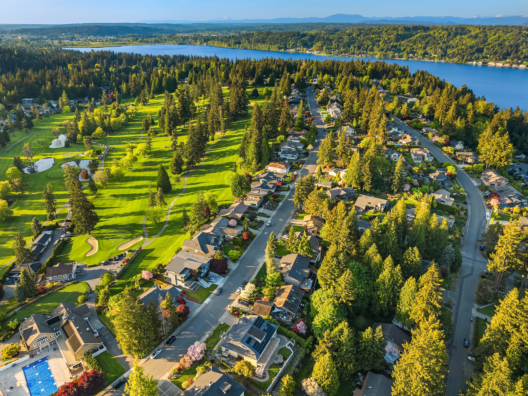 Aerial view of a suburban neighborhood with winding streets, houses, and a nearby green golf course surrounded by tall trees, with a large blue lake and distant forested hills in the background under a clear sky.